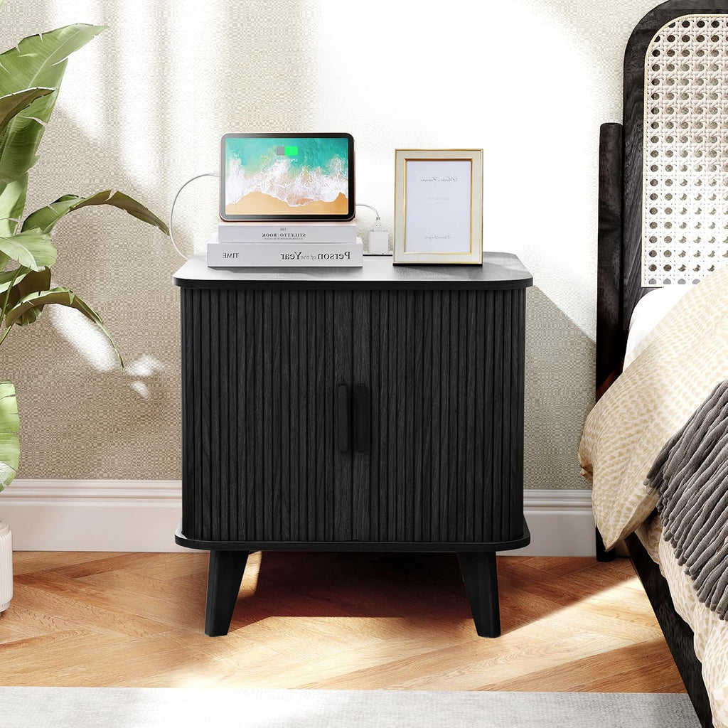 Farmhouse Square End Table with Charging Station, 24' Large Fluted Sofa Side Table with Sliding Tambour Door and Storage, Rustic Curved Wood Nightstand for Living Room, Bedroom, Black