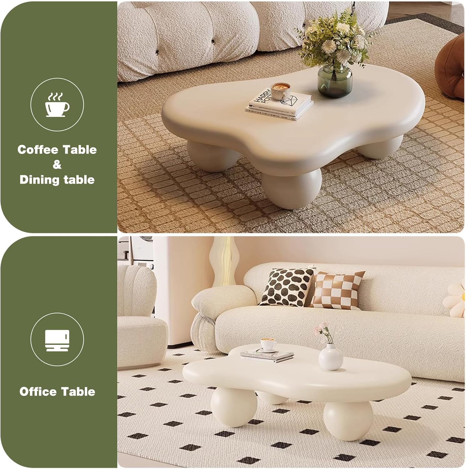 Cloud Coffee Table for Living Room with Round Corners Modern Style Center Table with 3 Ball-Shaped Legs Wood Tea Table for Small Space Apartment Easy Assembly (White W40 * D28 * H12inch)
