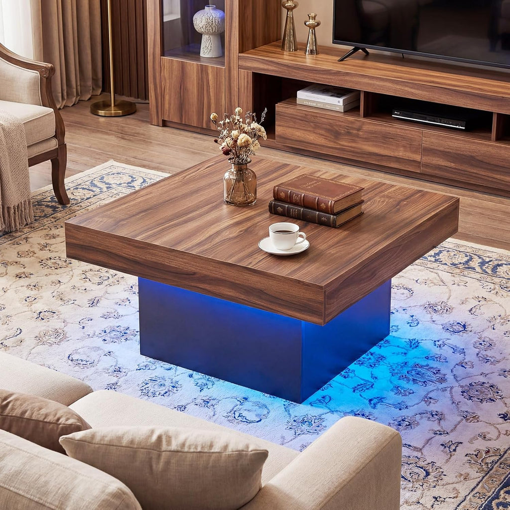 GOFLAME LED Coffee Table for Living Room, 35.5' Square Center Table with Storage, Adjustable Light Colors, Speed & Brightness, Remote Control, Farmhouse, Wooden Accent Tea Tables (Rustic Brown)