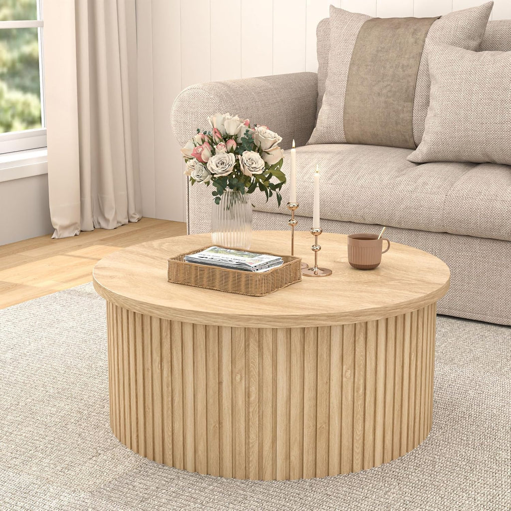 Fsbecl Fluted Lift Top Coffee Table with Storage, 34.6'' Round Coffee Tables for Living Room, Circle Wood Center Table with Hidden Conpartment (Wood Color)