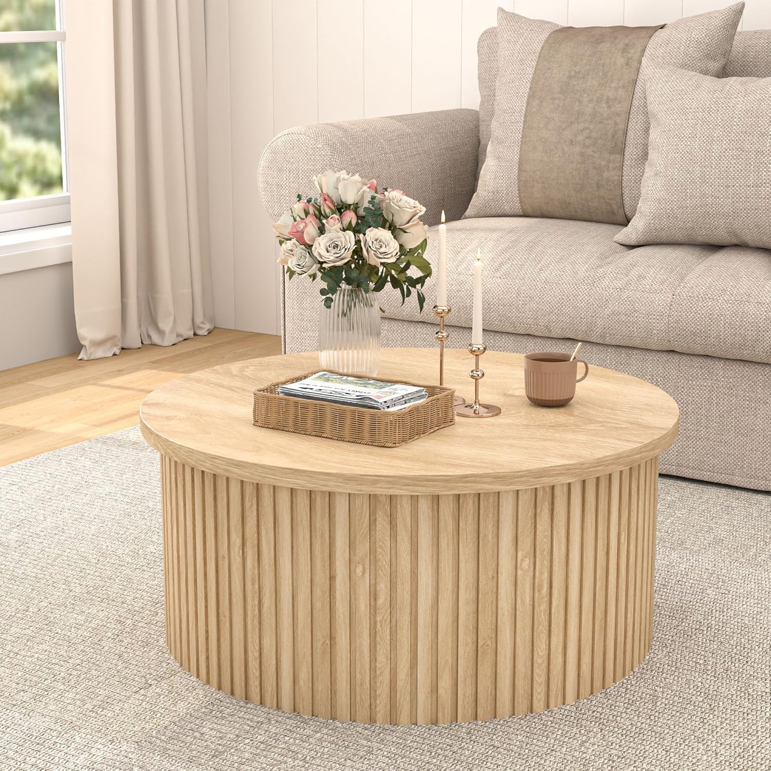 Fsbecl Fluted Lift Top Coffee Table with Storage, 34.6'' Round Coffee Tables for Living Room, Circle Wood Center Table with Hidden Conpartment (Wood Color)