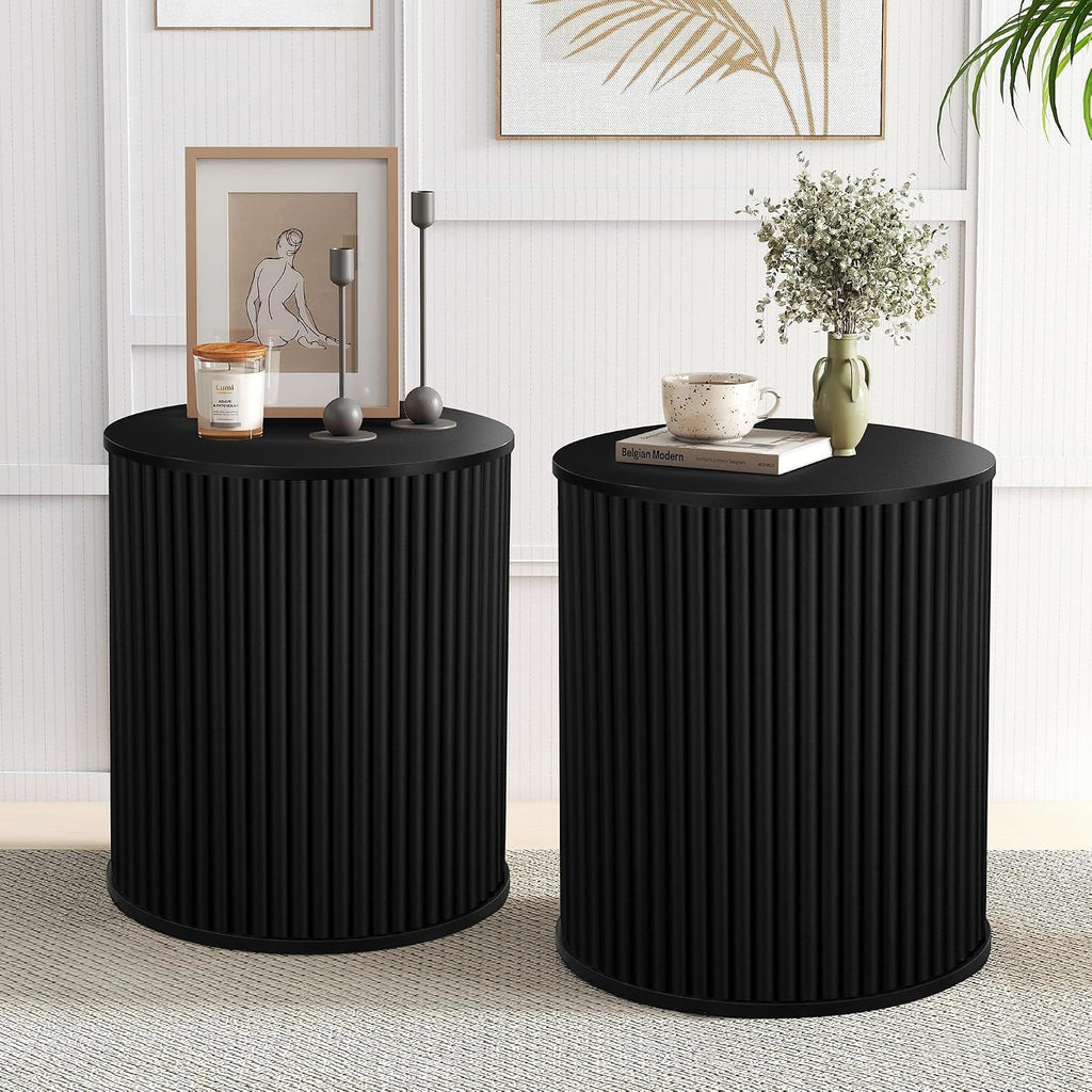 AVZEAR Small Round Side Table Fluted Night Stand Set of 2, Mid Century Modern End Table with Storage, Circle Bedside Tables Wood Nightstands for Small Spaces, Living Room, Bedroom (Black)