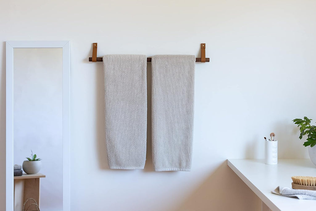 Bathroom Fixture Kit includes leather & wood Toilet Paper Roll Holder, Bath Towel Rail, leather & brass hanging Hand Towel Ring hook with gold hardware, straps are wall mounted, accessories rack