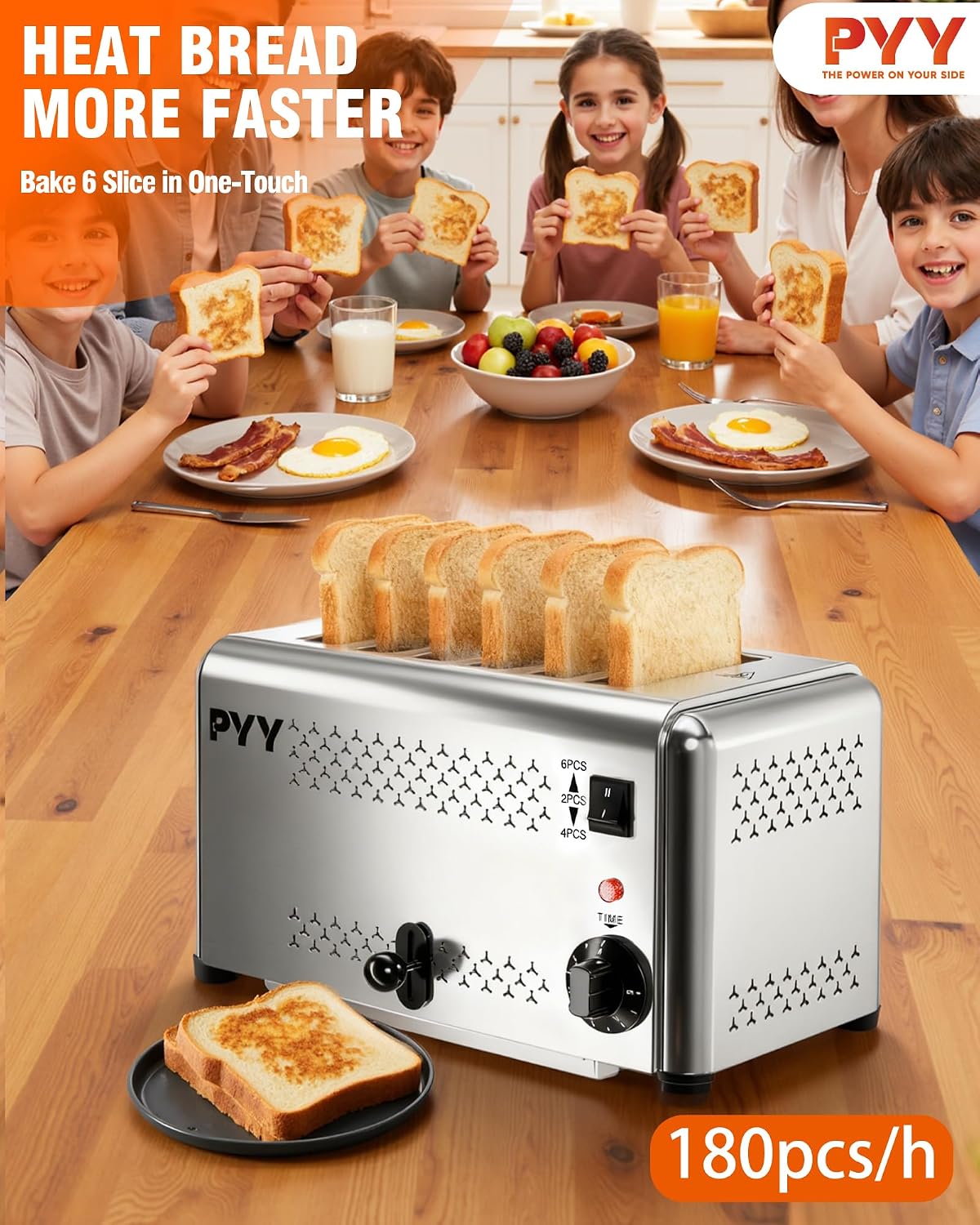 PYY Professional Commercial 6 Slice Toaster - 1800W Stainless Steel Heavy Duty Toaster, 6 Browning Levels, 1.1' Wide Slots, Removable Crumb Tray for Bagels Bread Waffles (Commercial & Home Use)