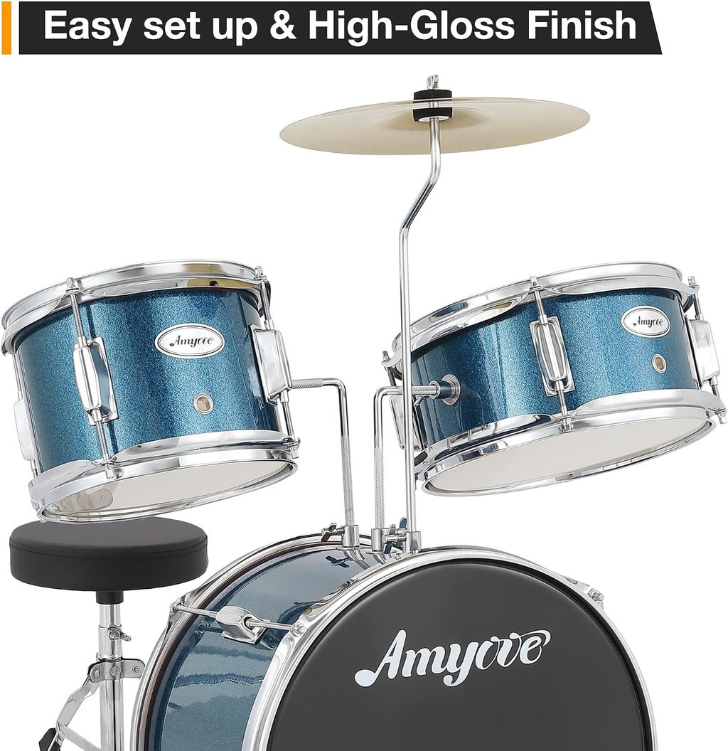 3-Piece Junior Drum Set, 14' Blue Complete Kids Drum Kit with Bass Drum, Snare, Tom, Cymbal, Throne & Sticks, for Ages 3-8 Beginners (Blue)