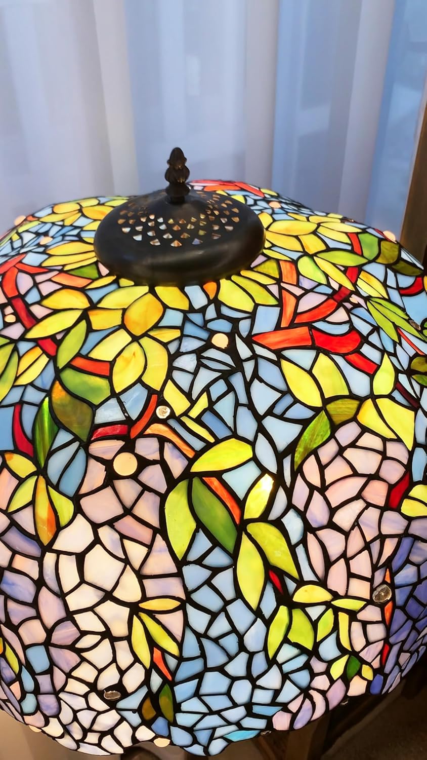 22Inch Purple Blue Wisteria Stained Glass Lampshade Replacement for Table Lamp, Wall Lamp, Ceiling Light, Floor Lamp, Tiffany Style Green Leaves Flower Shade with Red White Beads