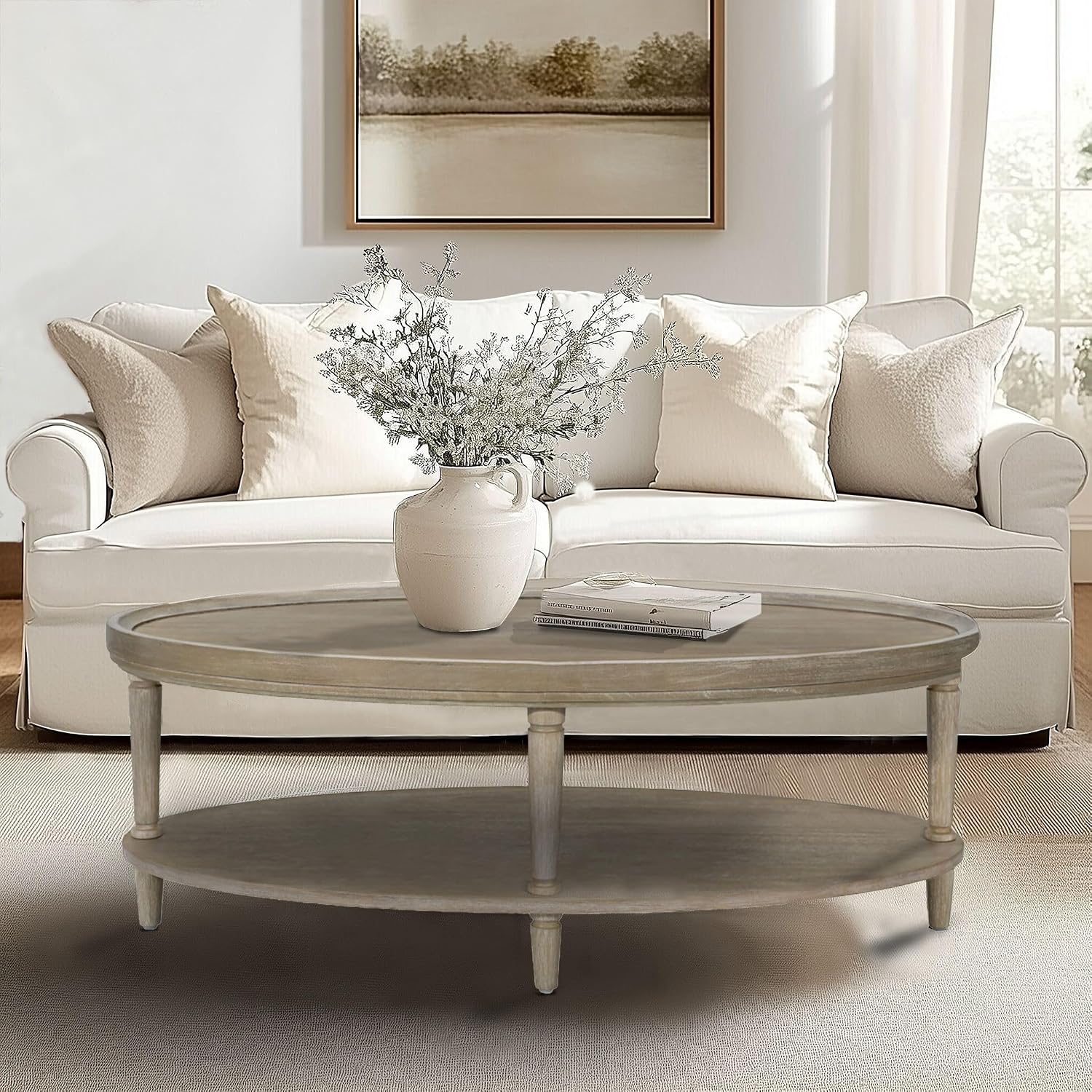 Martha Stewart Ayanna Round Coffee Table for Living Room, Bedford Collection, Farmhouse Coffee Table with Shelving for Storage, Modern Farmhouse Living Room Table, 48' Wide Reclaimed Greige