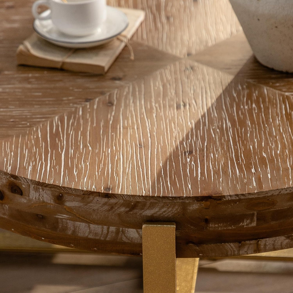 Wood Round Coffee Table, 31 Inch Farmhouse Rustic Fir Wooden Table Top Cross Metal Legs Circle Coffee Table for Living Room, Gold