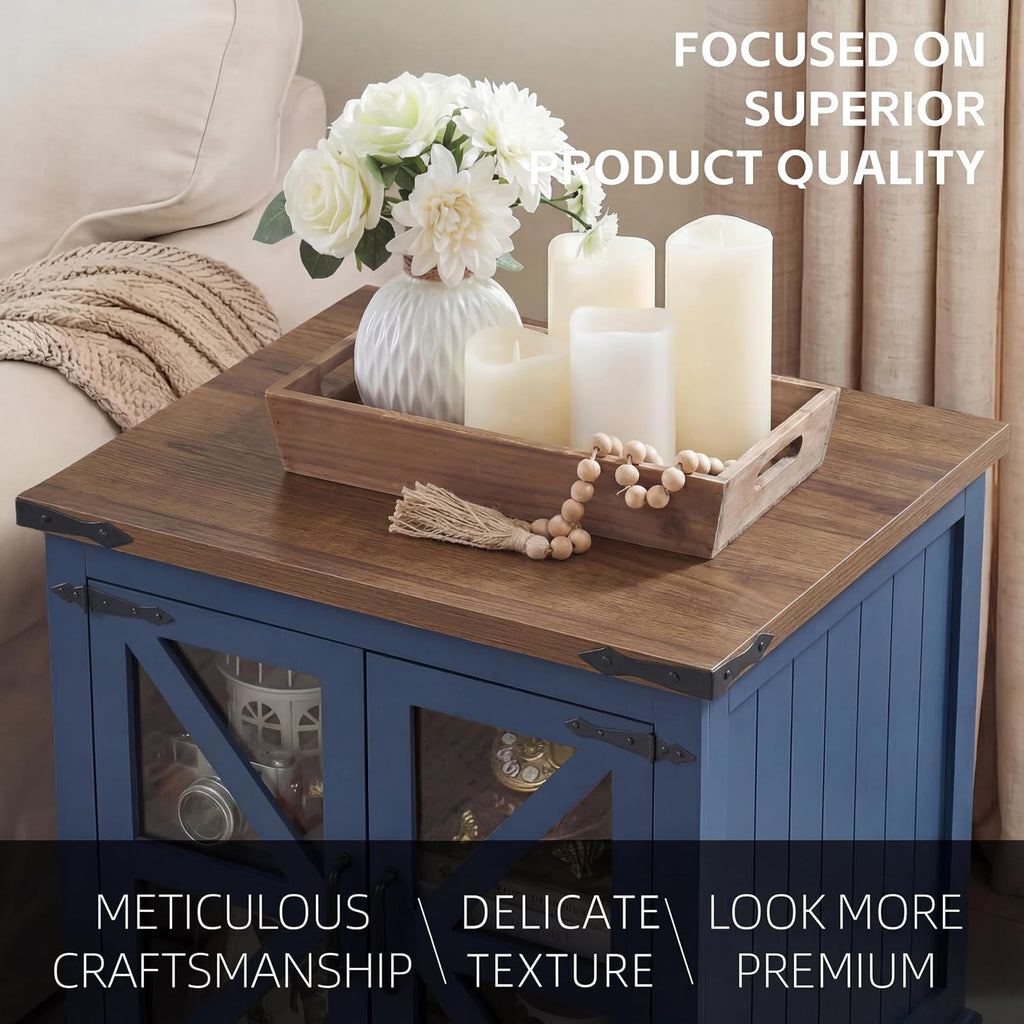 Farmhouse End Table, 24' Large End Tables with Storage, Rustic Square Sofa Beside Table with Glass Barn Door, Wood Side Table Square Nightstand for Living Room, Bedroom, Office (Misty Blue)