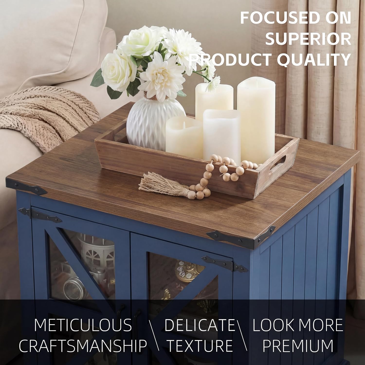 Farmhouse End Table, 24' Large End Tables with Storage, Rustic Square Sofa Beside Table with Glass Barn Door, Wood Side Table Square Nightstand for Living Room, Bedroom, Office (Misty Blue)