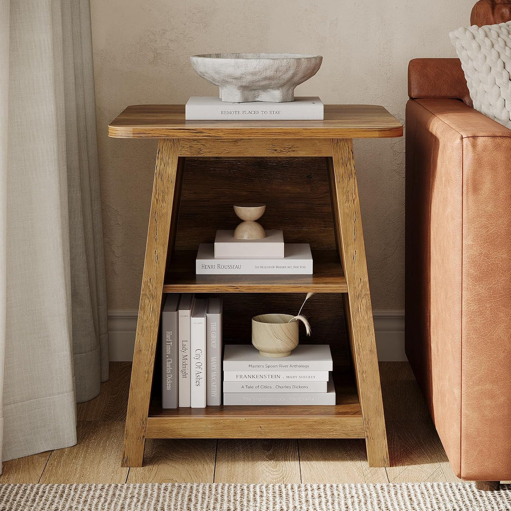 Tribesigns 3-Tier Rustic Farmhouse Wooden End Table with Open Storage Shelves, Trapezoid Angled Leg Side Table for Living Room, Small Space Friendly Sofa Side Table