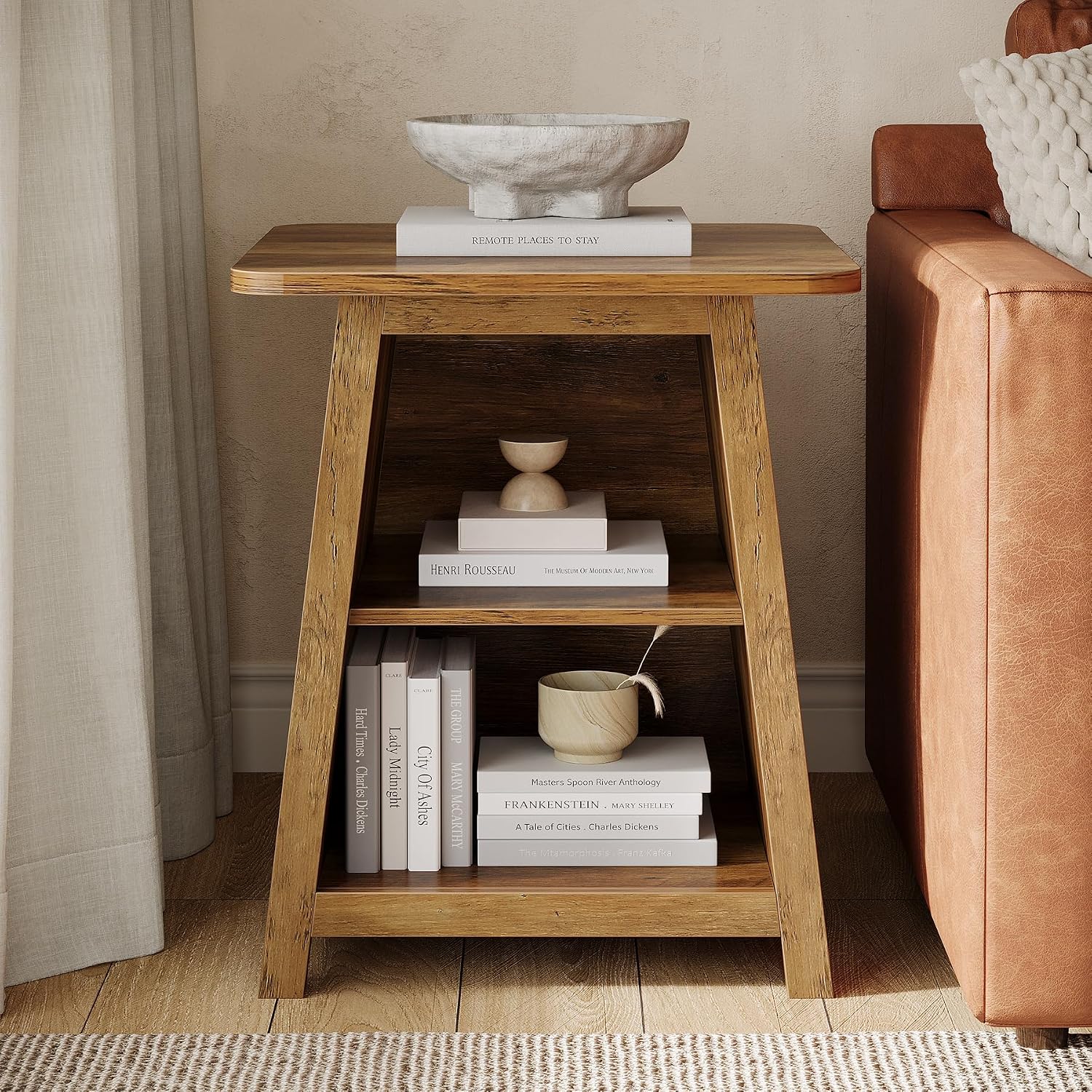 Tribesigns 3-Tier Rustic Farmhouse Wooden End Table with Open Storage Shelves, Trapezoid Angled Leg Side Table for Living Room, Small Space Friendly Sofa Side Table