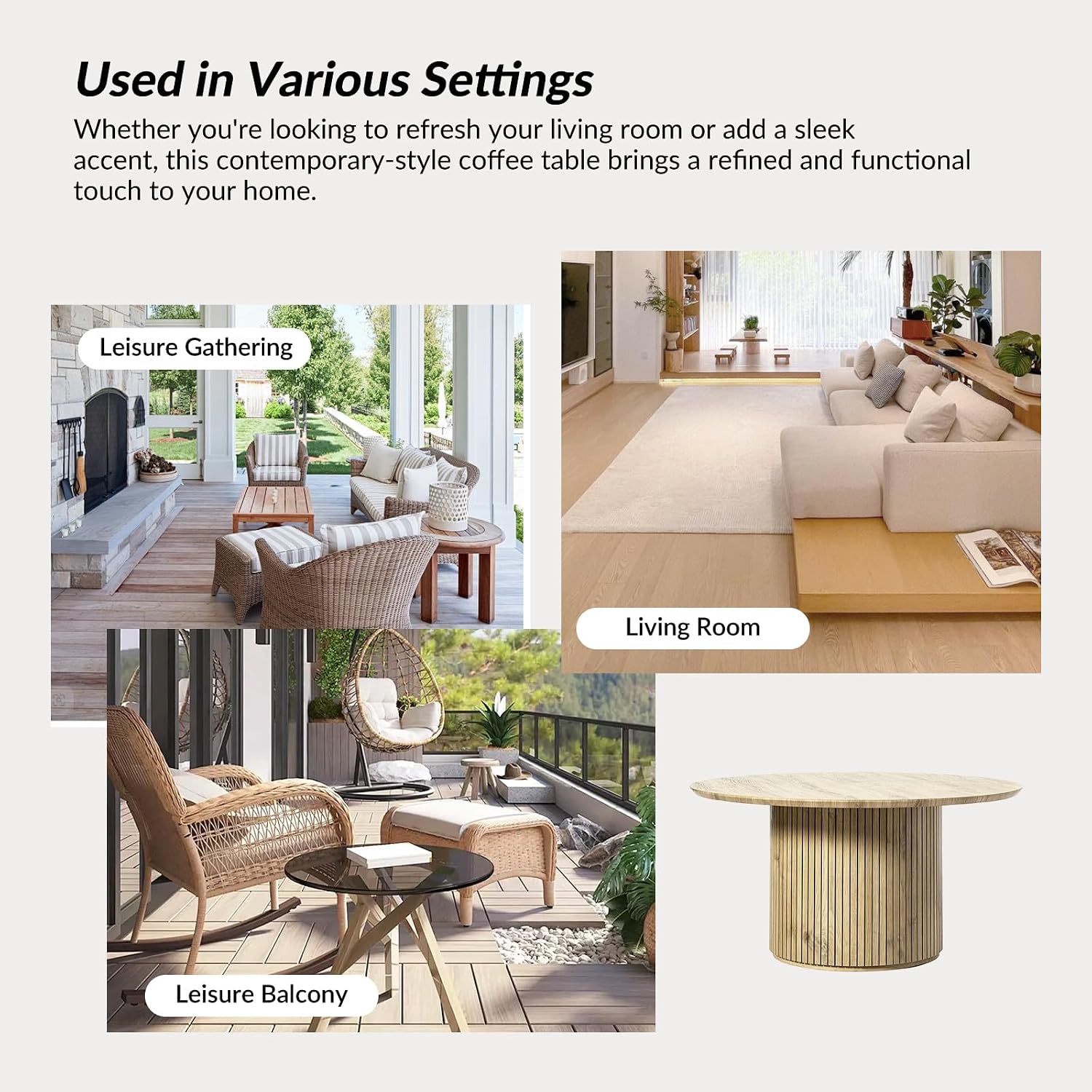 HULALA Home Round Coffee Table, Wood Coffee Table with Vertical Slat Base, Modern Coffee Table for Living Room and Lounge Room,Oak