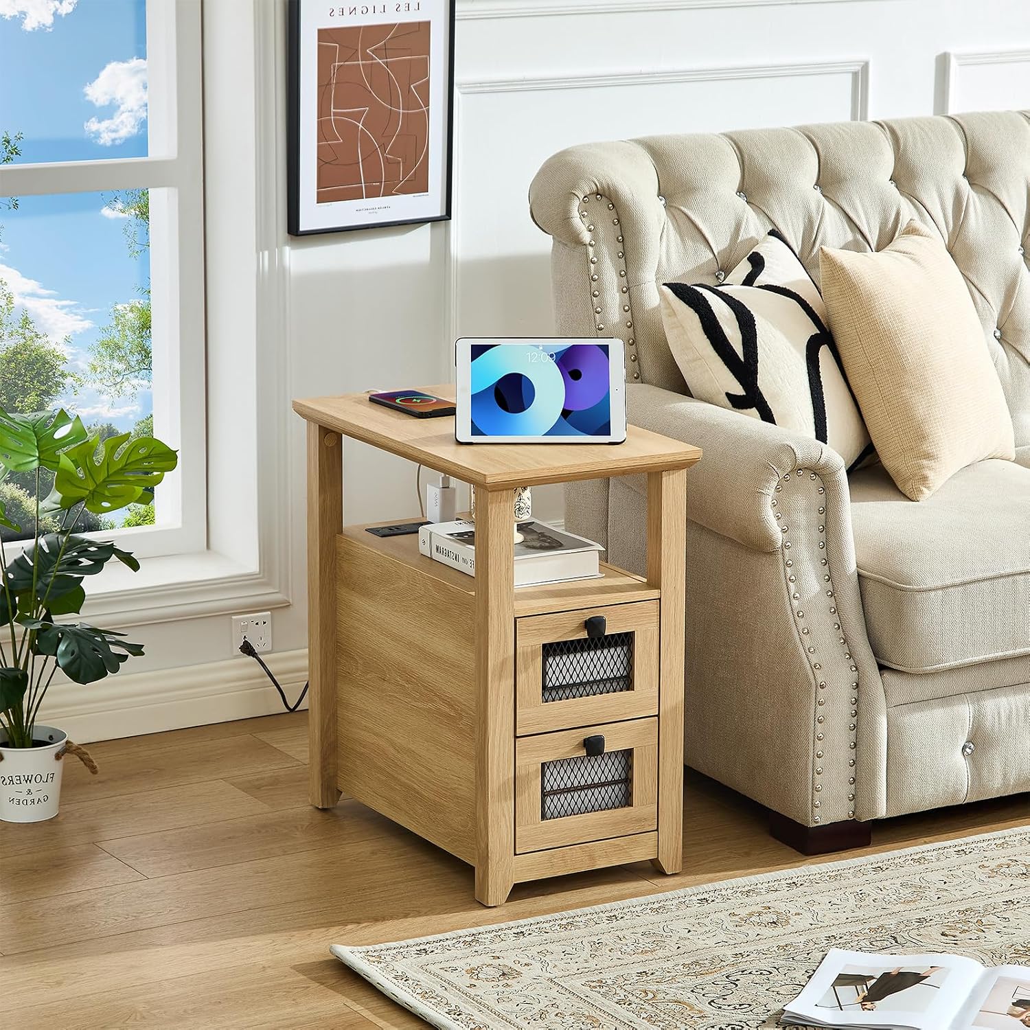 HDDDZSW Farmhouse XXL End Table with Charging Station, Narrow Side Table with USB Ports and Outlets, Nightstand with 2 Drawers Storage, Bedside Tables for Living Room, Bedroom, Wooden Color