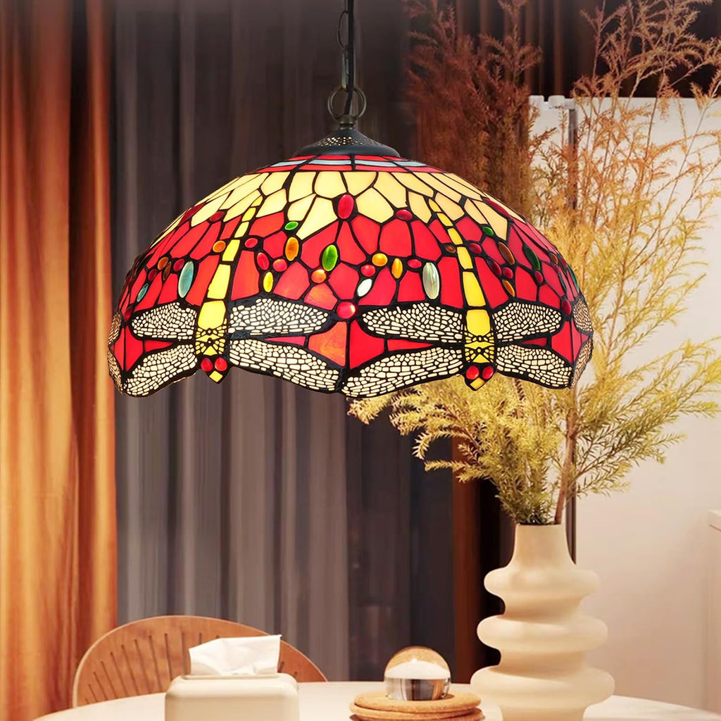 W16H9 Inch Tiffany Lamp Shade Replacement, Stained glass Dragonfly style Lampshades, Only Handmade Retro lampshade Replacement for Table Lamp Pendant Light Floor Lamp Ceiling Fixture,Red