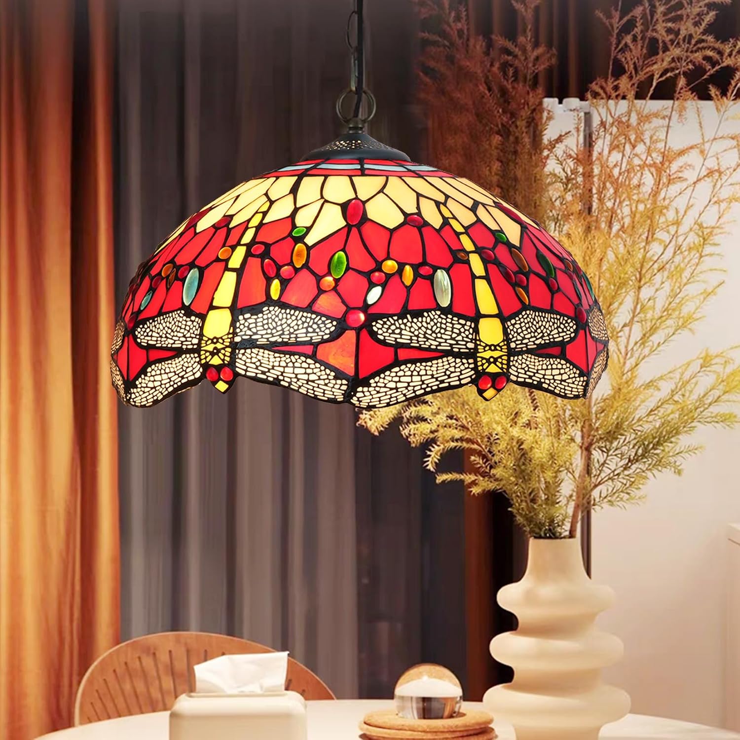 W16H9 Inch Tiffany Lamp Shade Replacement, Stained glass Dragonfly style Lampshades, Only Handmade Retro lampshade Replacement for Table Lamp Pendant Light Floor Lamp Ceiling Fixture,Red