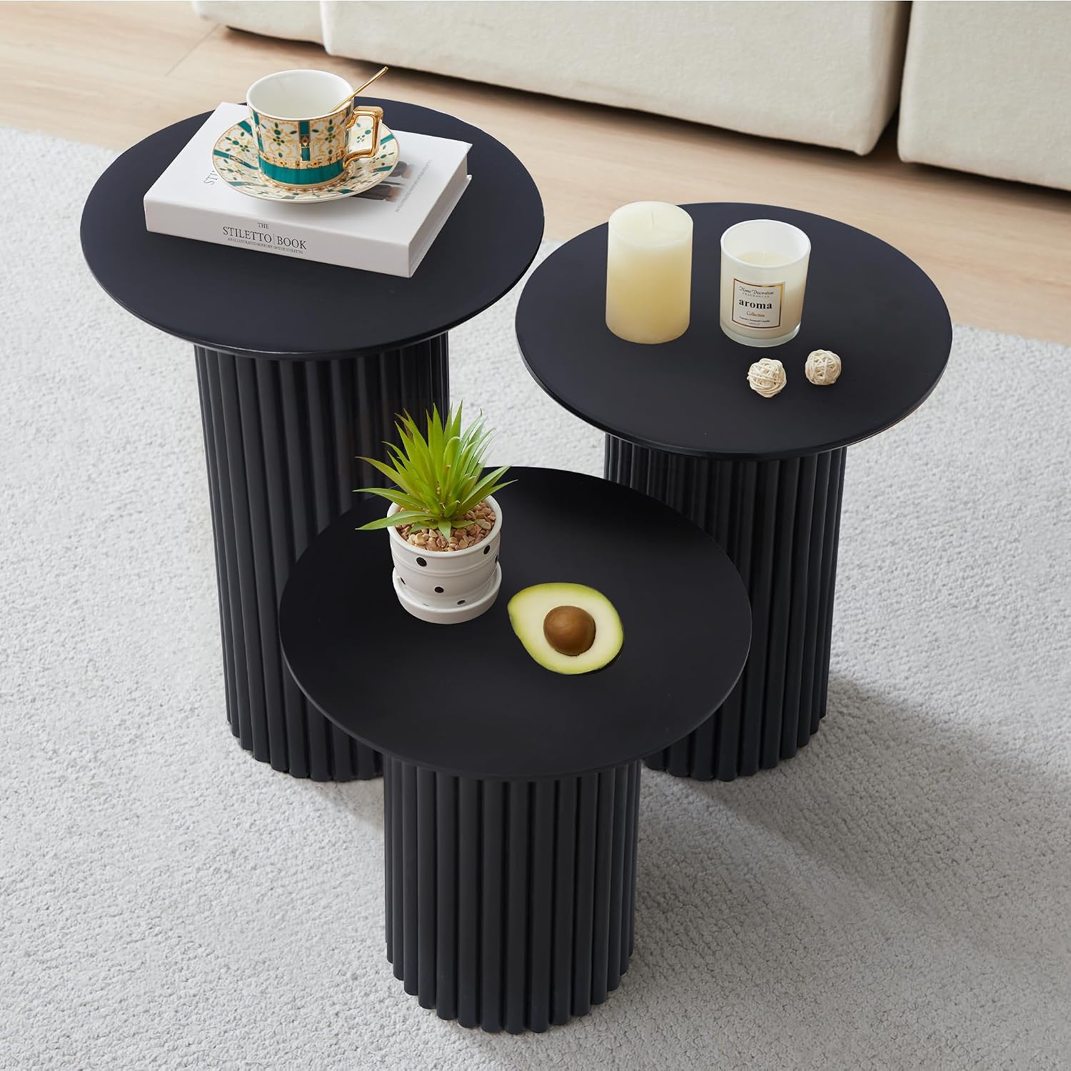 Bifins Round Nesting Coffee Table Set of 3,Mid Century Modern Fluted Coffee and End Table Set,Small Circle Wooden Side Table Drink Table for Living Room (Black)