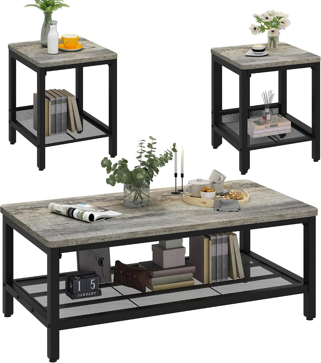 Lamerge Coffee Table Set of 3 Coffee Table and end Table Sets, Modern Metal Frame Living Room Center Table for Small Apartment Home Office（Gray）