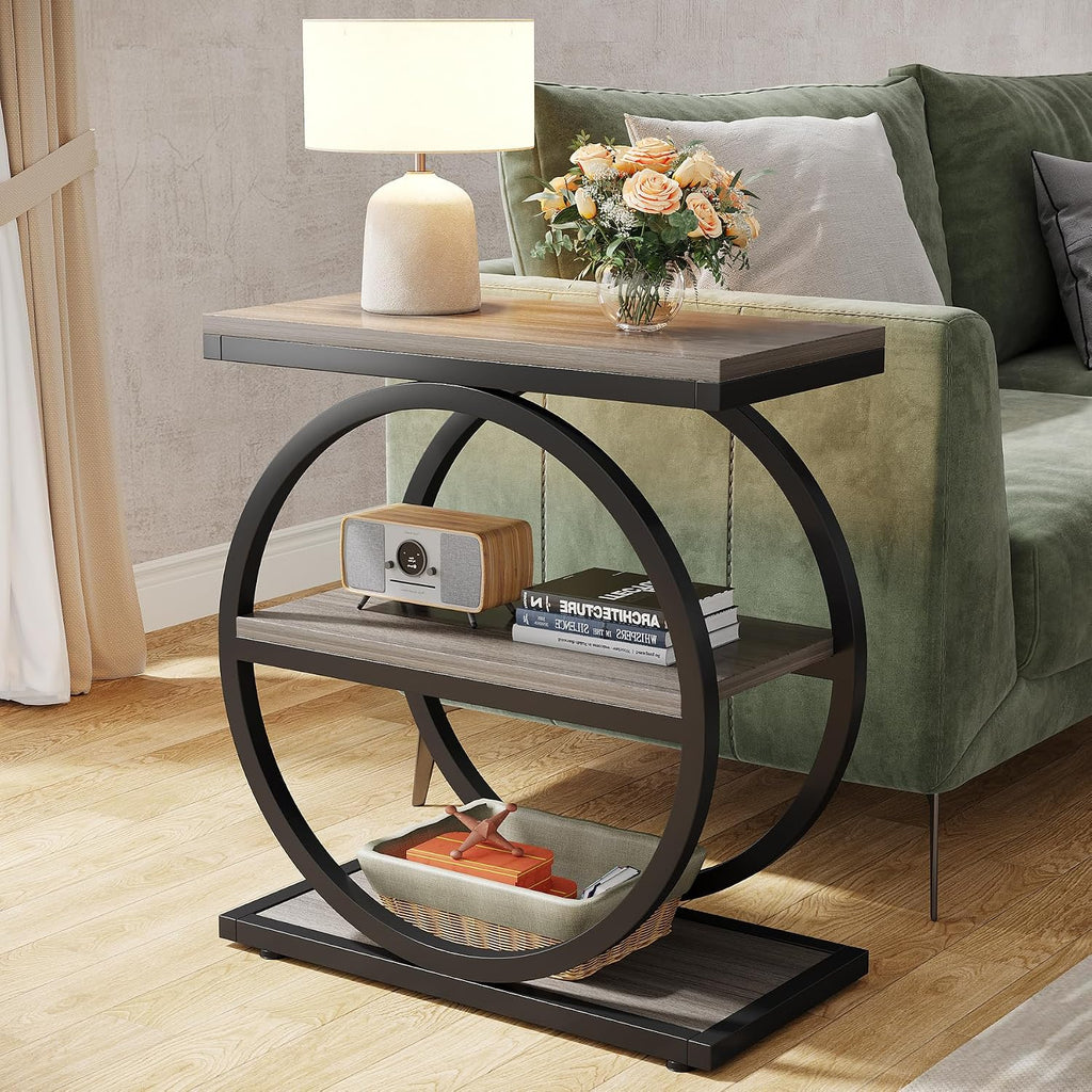 Tribesigns End Table Set of 2, Narrow End Table with 3 Storage Shelves, Wooden Side Table with Metal Frame, Small Sofa Side Table for Living Room, Grey Nightstand and Bedside Table for Bedroom