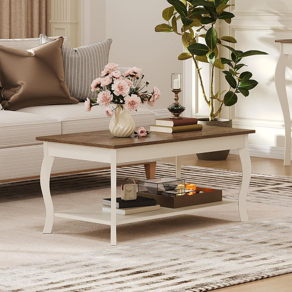 ChooChoo Coffee Table, Rustic Center Table with Curved Legs and Storage Shelf, 39' Coffee Table for Living Room, Soft White