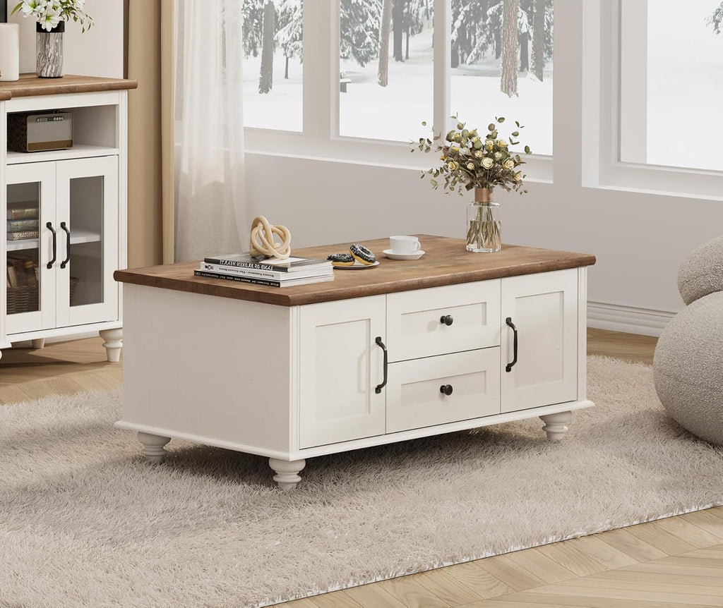 WAMPAT White Coffee Table with Drawers & Storage Cabinet, Modern Rectangle Center Table for Living Room, Rustic Wooden Cocktail Table Tea Table for Home, Office