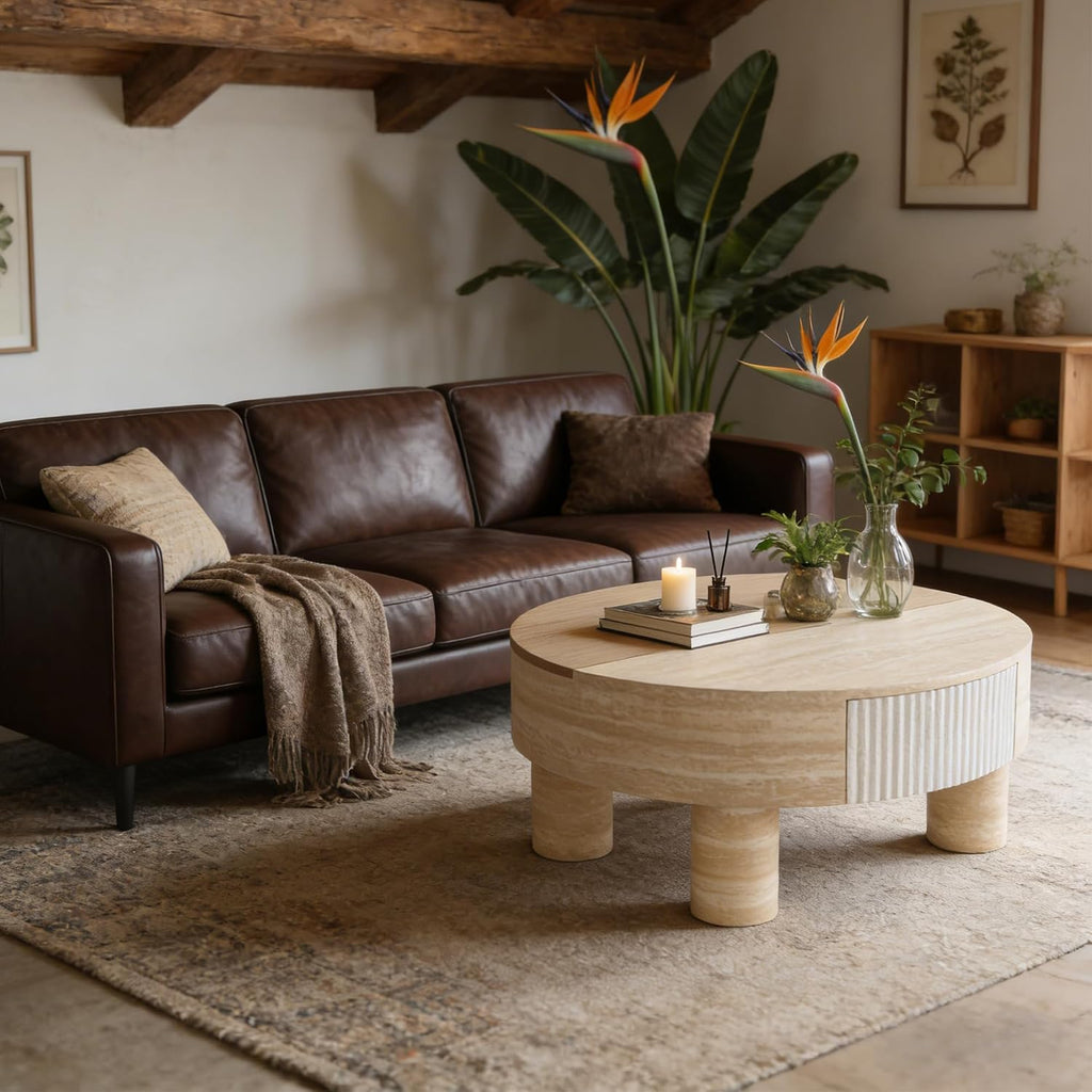 31.5' Round Coffee Table with Flip Top and Hidden Storage, Faux Marble Tabletop for Living Room, Modern Wooden Circle Center Table, Tea Table for Apartment, Office, Beige Mars Pattern
