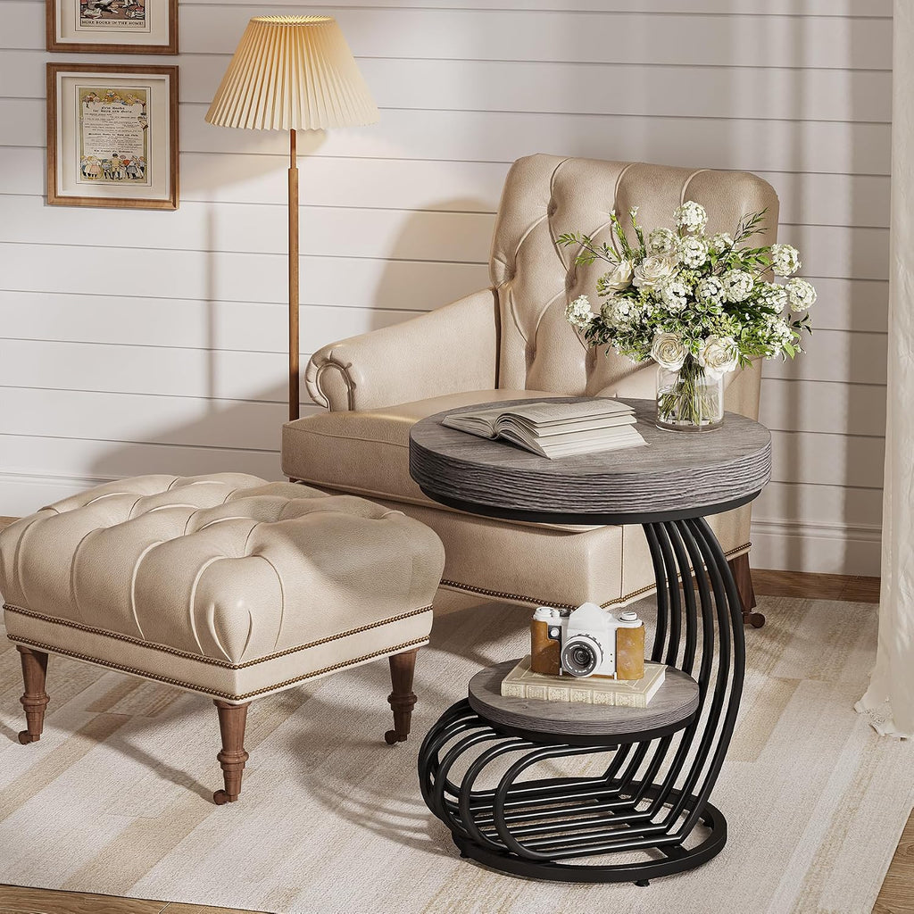 Tribesigns Round End Table, 2-Tier Farmhose Wood Side Table with Shelf Storage, Small Sofa Side Bedside Nightstand, Arc-Shaped Frame Accent Furniture for Living Room, Grey