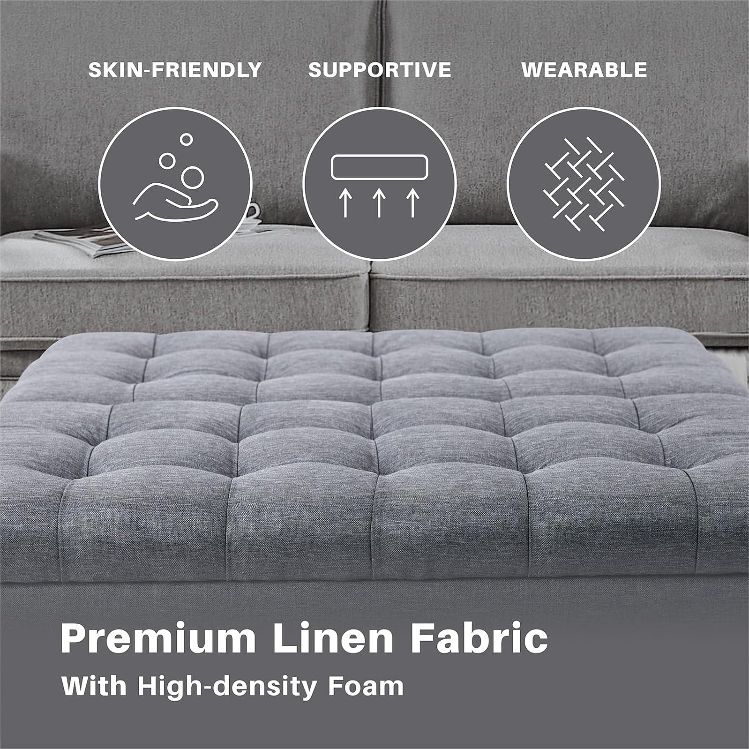 Redlife 35 Inch Large Square Storage Ottoman, Storage Ottoman Coffee Table with Lift Top Linen Ottomans Bench Square Footrest Oversized Upholstered Coffee Table for Living Room Bedroom (Dark Grey)