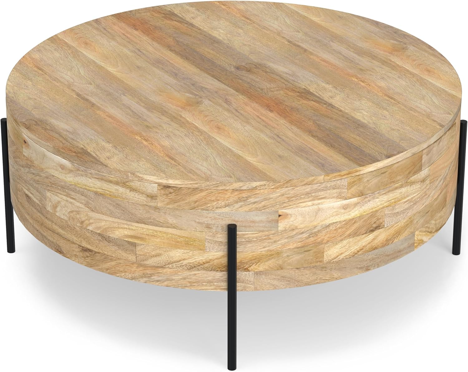 SIMPLIHOME Rayburn Drum Coffee Table - 38 inch Wide Solid Mango Wood Round Living Room Table in Natural, Modern Industrial Center Table for Family Room with Black Metal Legs and Large Surface
