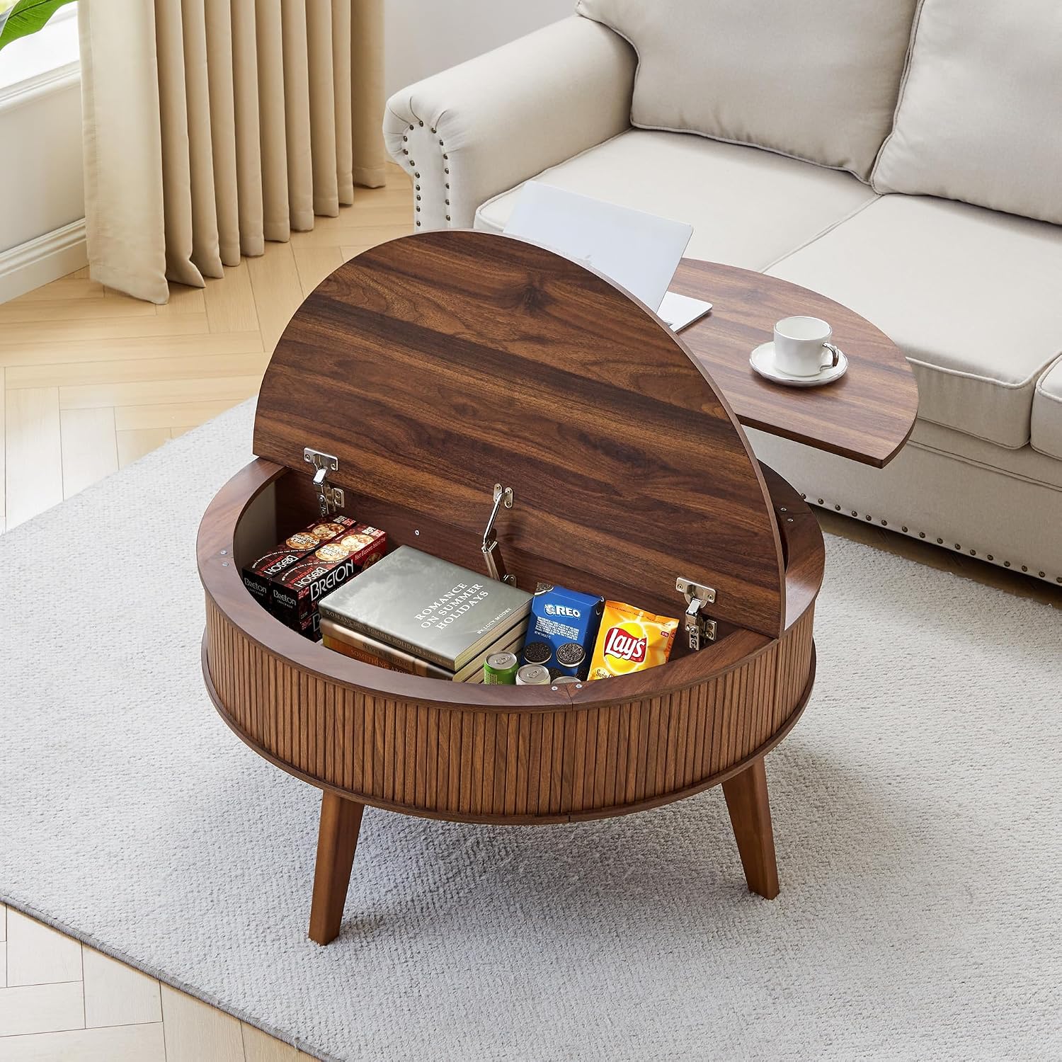 Round Lift Top Coffee Table with Storage, 35.4'' Fluted Wood Center Table Mid Century Modern Coffee Table with Lifting Top for Living Room, Office, Small Space (Walnut)