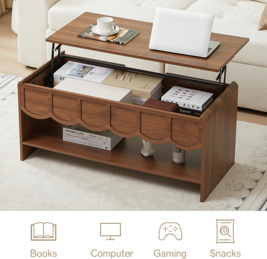 Lift Top Coffee Table with Hidden Compartment, 2 Tier Wooden Center Table with Wave Panel, Modern Lift Tabletop for Home Living Room Office, Walnut
