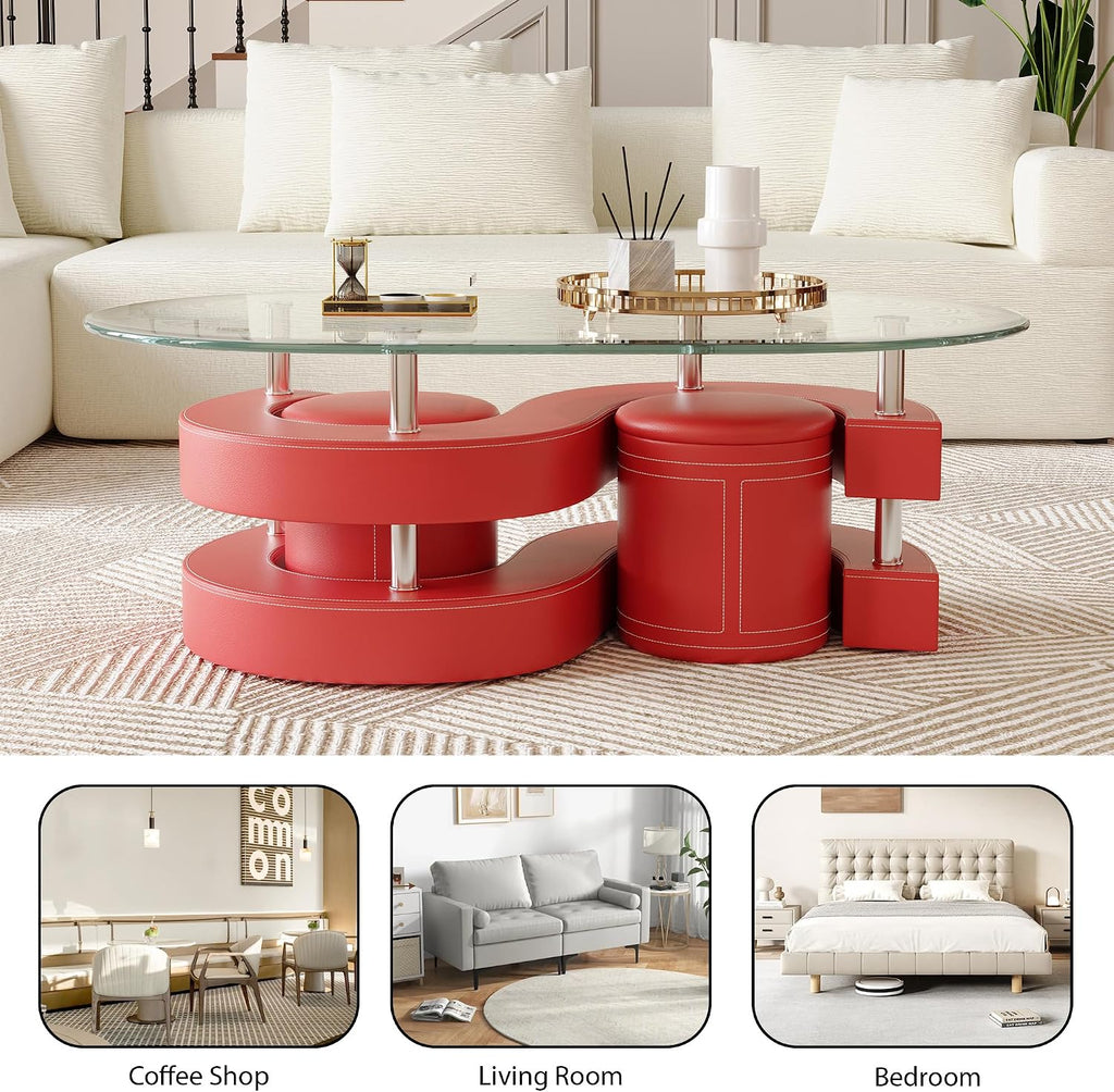 Oval Glass Coffee Table Set of 3, 0.39' Tempered Glass Top and S Shape Base, Modern Coffee Table with 2 Leather Stools, Accent Coffee Table for Living Room Bedroom, Red