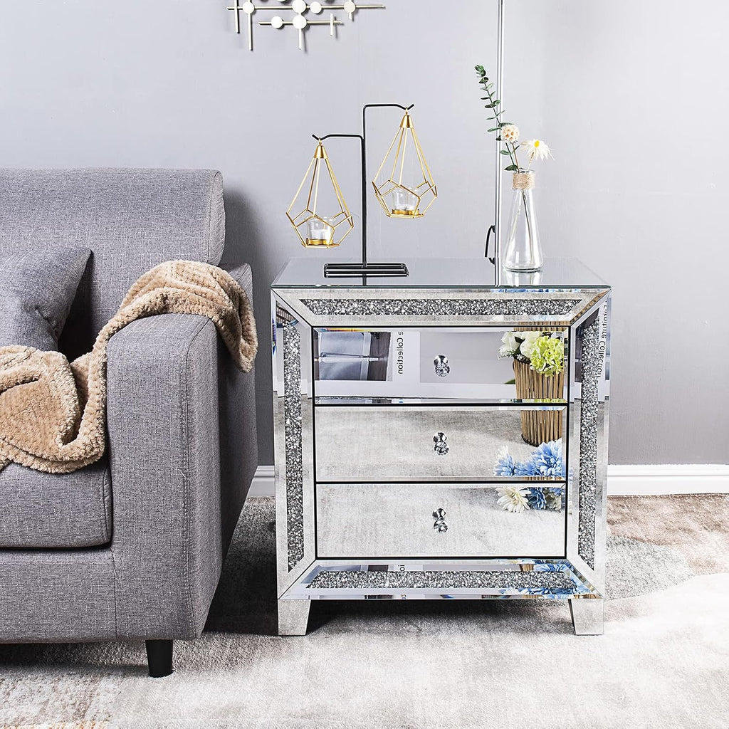 VINGLI Mirrored Nightstands Set of 2, 23' W Glass Mirror Night Stand Set of 2, Modern Bedside Table 3 Drawer Glass Side End Table Silver Dresser for Bedroom, 23'W x 13.8'D x 24.8'H