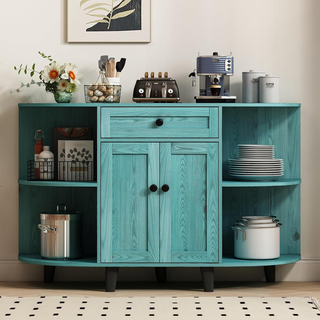 52' Sideboard Buffet Cabinet with Power Outlet,Coffee Bar Cabinet with Storage, 3 AC Outlets & 2 USB Ports,Kitchen Storage Cabinet with Drawer and Doors for Dining Room,Vintage Blue