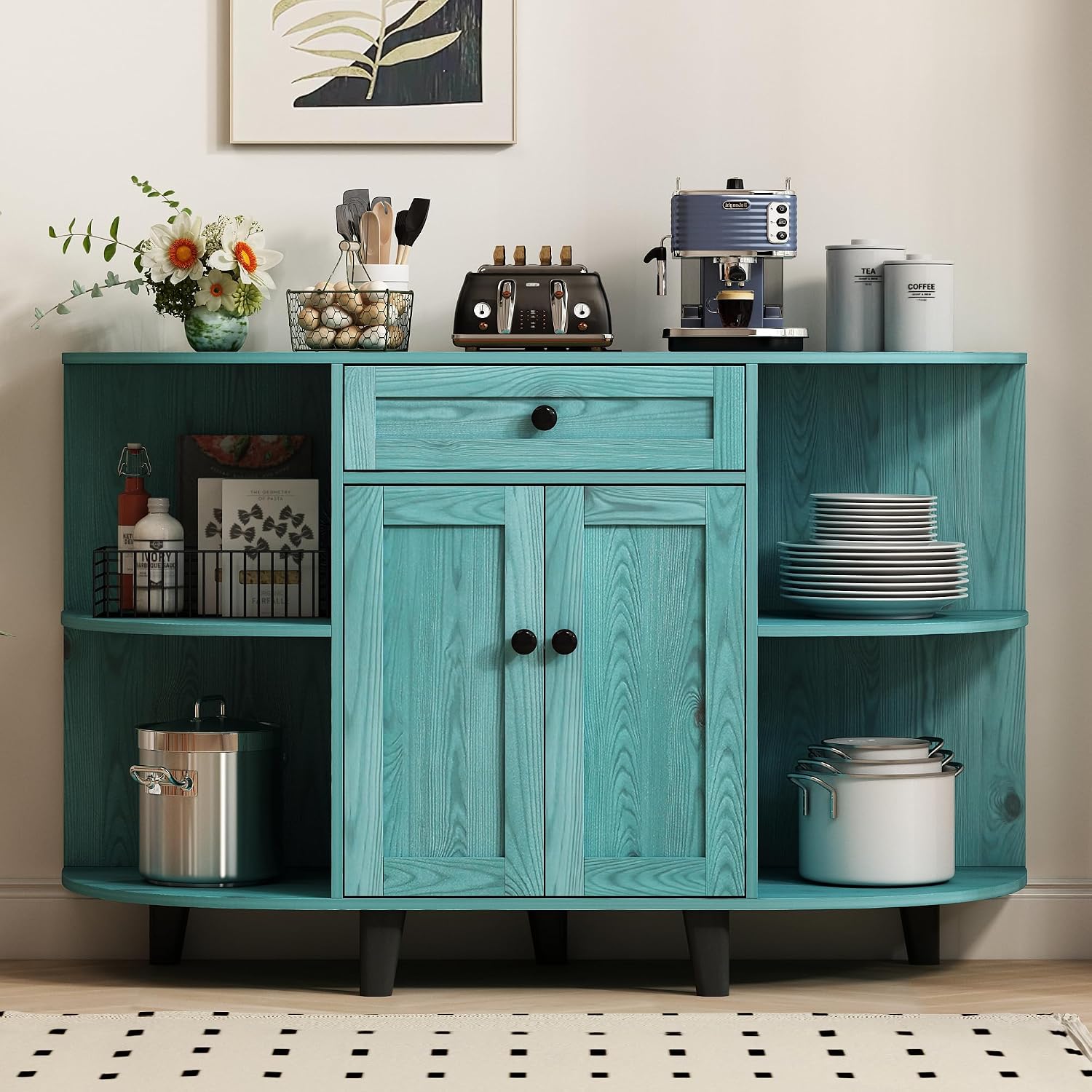 52' Sideboard Buffet Cabinet with Power Outlet,Coffee Bar Cabinet with Storage, 3 AC Outlets & 2 USB Ports,Kitchen Storage Cabinet with Drawer and Doors for Dining Room,Vintage Blue