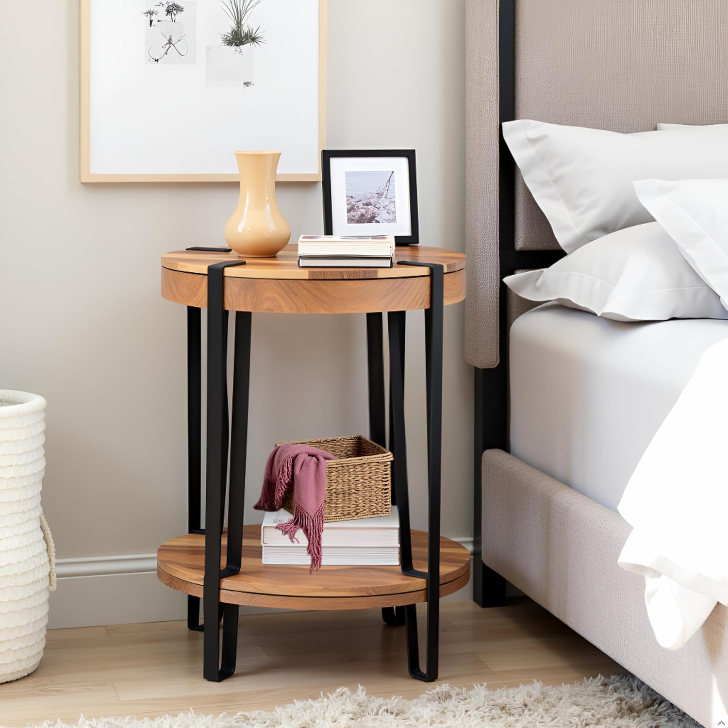 Ryegate 2-Tier Round Acacia Wood & Metal End Table with Bottom Shelf – Rustic Modern Accent Table with Live Edge, Natural Finish and Metal Straps for Living Room or Bedroom by Alaterre Furniture