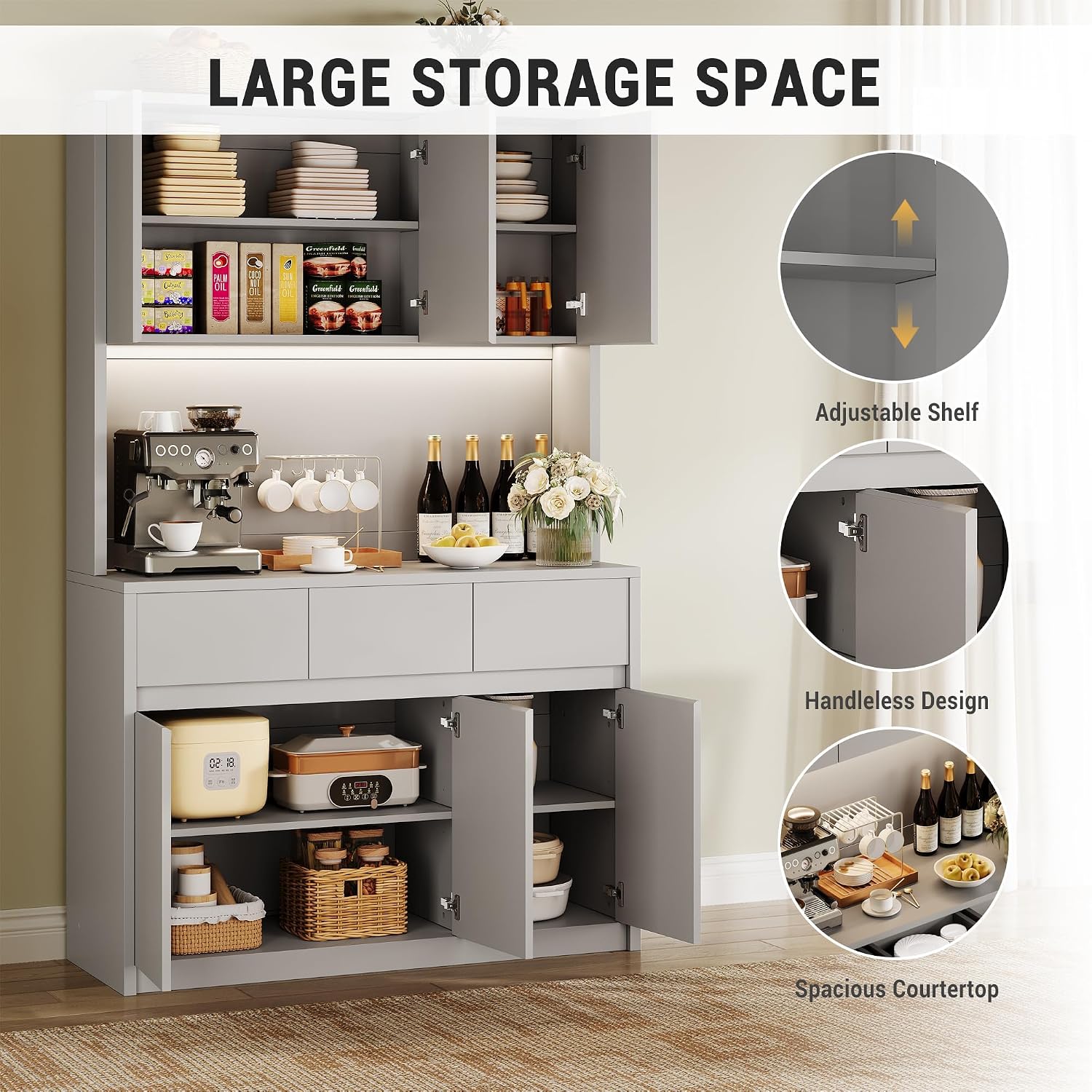 71' Kitchen Pantry Cabinet,Tall Storage Cabinet with Doors & Shelves Adjustable, Kitchen Storage Hutch with Microwave Shelf,Coffee Bar,Led Lights&Charging Station,Corner Pantry Cabinet for Living Room