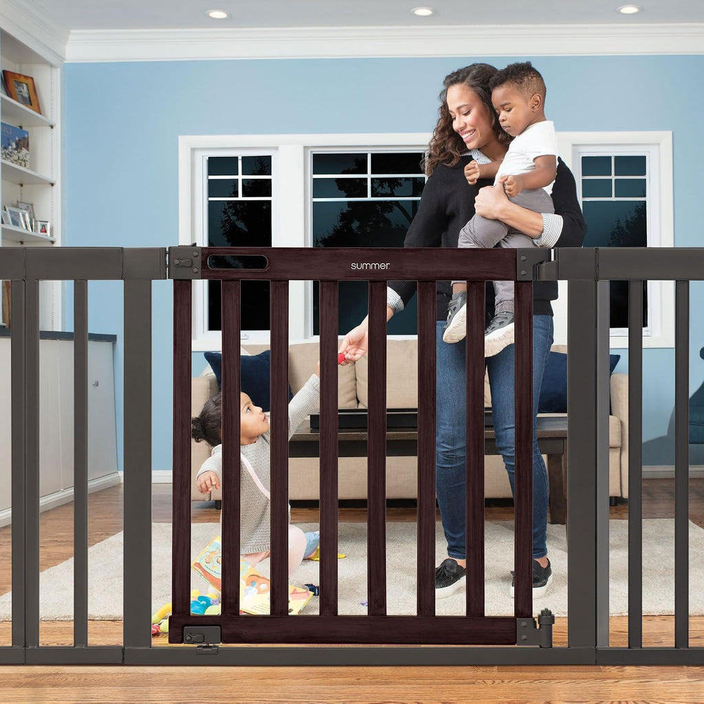 Summer Infant West End Safety Baby Gate, Dark Walnut Stained Wood with Charcoal Metal Frame – 30' Tall, Fits Openings up to 36' to 60' Wide, Baby and Pet Gate for Wide Spaces and Open Floor Plans