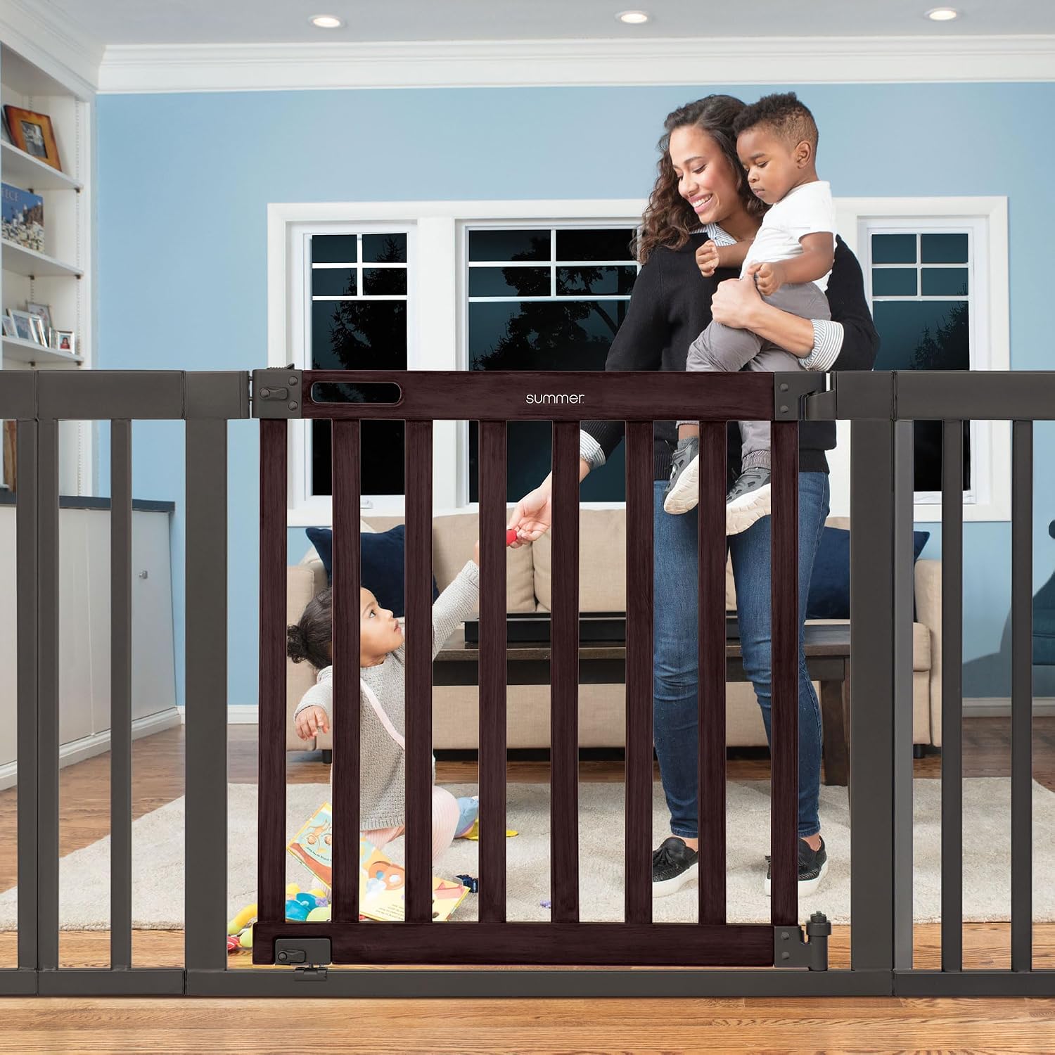 Summer Infant West End Safety Baby Gate, Dark Walnut Stained Wood with Charcoal Metal Frame – 30' Tall, Fits Openings up to 36' to 60' Wide, Baby and Pet Gate for Wide Spaces and Open Floor Plans