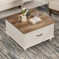 WAMPAT White Coffee Table with Lift Top & Drawer, Square Center Table with Hidden Storage Compartment, Farmhouse Wood Coffee Table for Living Room, 30 Inch