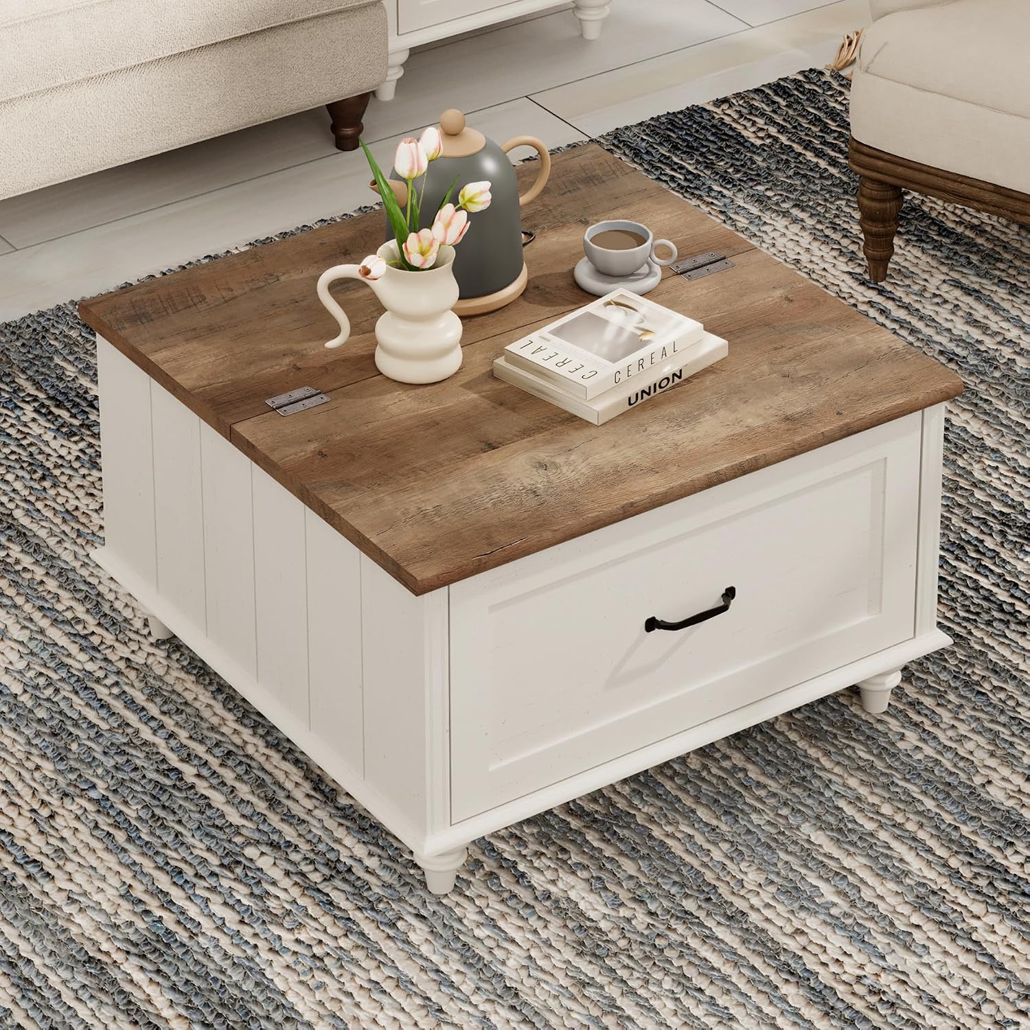 WAMPAT White Coffee Table with Lift Top & Drawer, Square Center Table with Hidden Storage Compartment, Farmhouse Wood Coffee Table for Living Room, 30 Inch