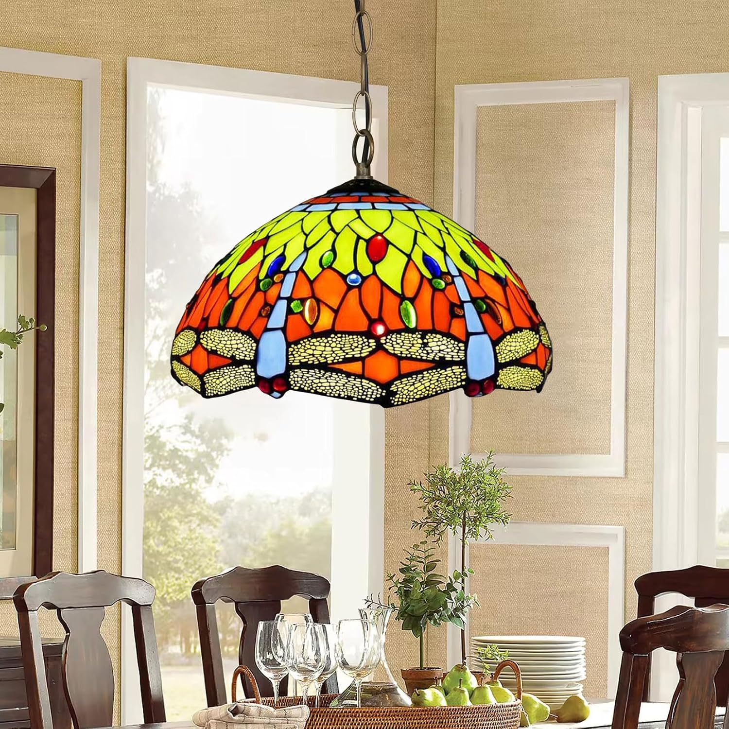 12 Inch Dragonfly Stained Glass Lamp Shade, Tiffany Style Lampshades Replacement, Handmade Vintage Lamp Cover Accessories Only for Table lamp Pendant Light Ceiling Fixture,Green