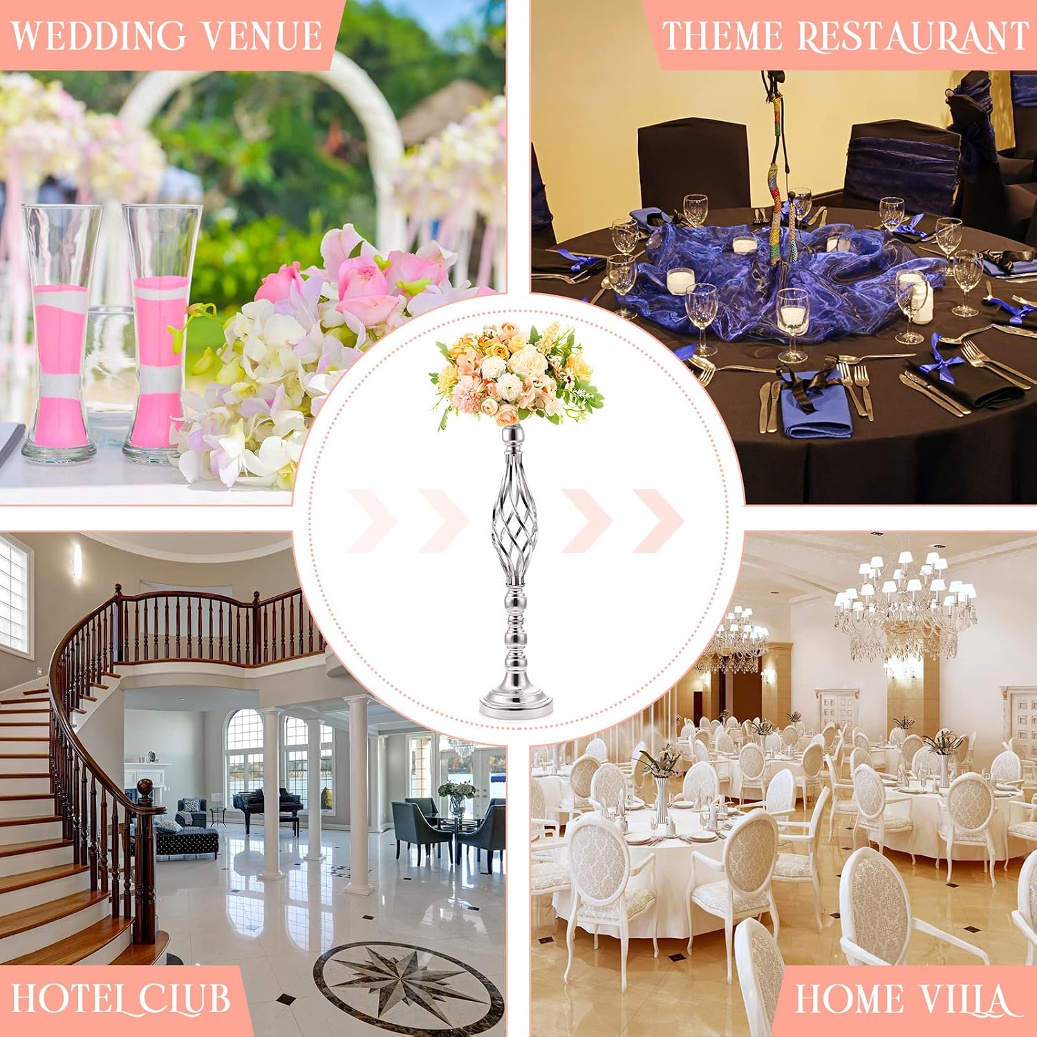 Rtteri 20 Pcs Large Wedding Centerpiece Table Decorations Tall Metal Flower Arrangement Stand Elegant Flower Vase Candle Holder for Wedding Reception Table Party Event Hotel Home Decor (Silver,Large)