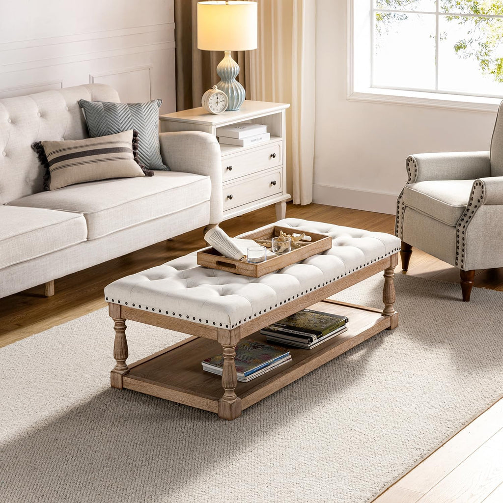 HULALA HOME Rectangle Ottoman Coffee Table with Tray, Tufted Living Room Ottoman with Solid Wood Storage Shelf, Ivory