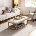 HULALA HOME Rectangle Ottoman Coffee Table with Tray, Tufted Living Room Ottoman with Solid Wood Storage Shelf, Ivory
