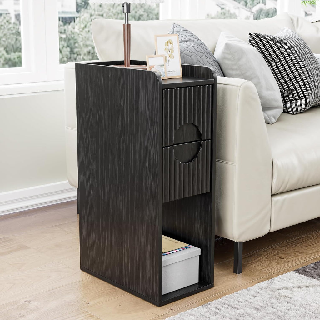 Black Night Stand Set of 2, Narrow Nightstand with Drawers, Small Bedside Table, Skinny Bed Side Table, Modern Nightstand for Bedroom, Living Room, Wood, Fluted, Black