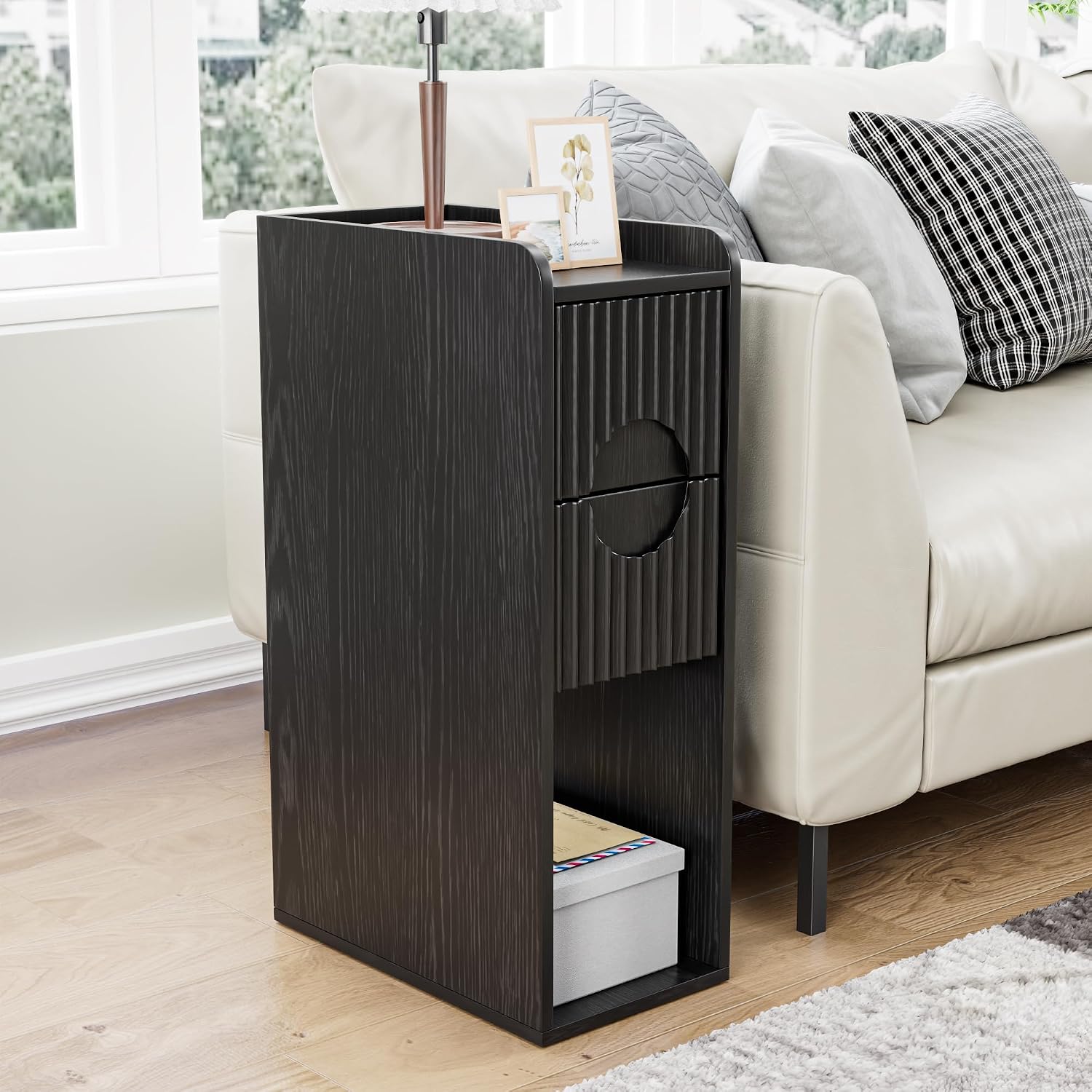 Black Night Stand Set of 2, Narrow Nightstand with Drawers, Small Bedside Table, Skinny Bed Side Table, Modern Nightstand for Bedroom, Living Room, Wood, Fluted, Black