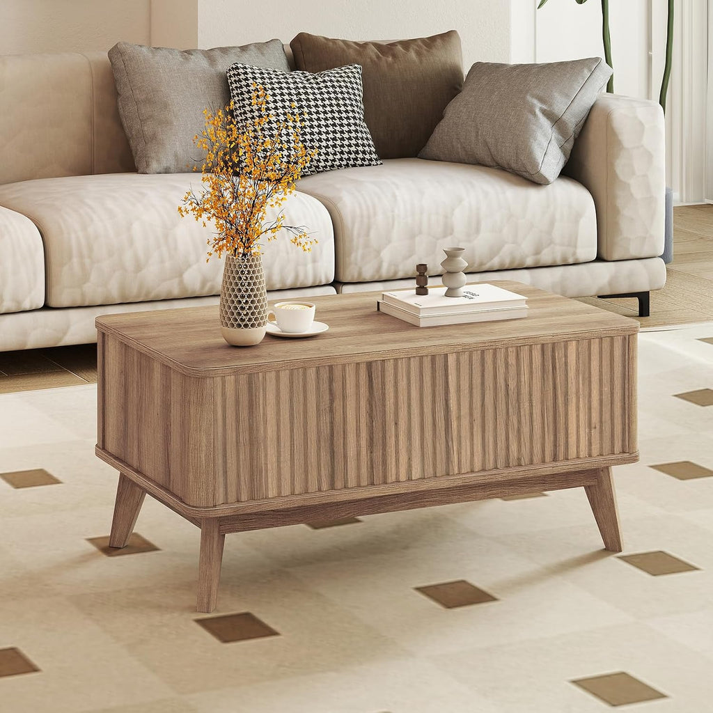 Giantex Lift Top Coffee Table with Storage, 35.5' Mid Century Modern Center Table with Solid Wood Leg & Hidden Compartment, Minimalist Fluted Living Room Table for Home Office, Oak