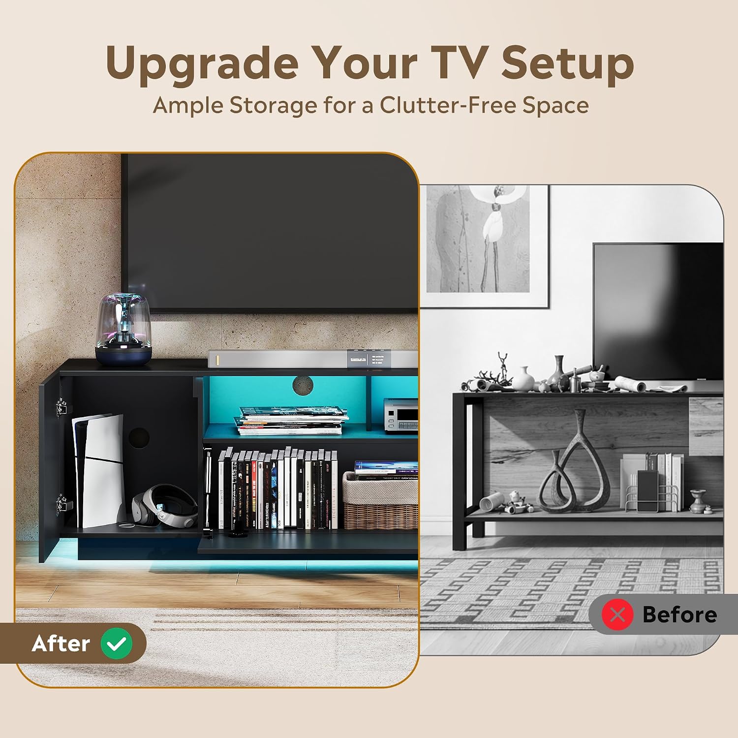 WLIVE LED TV Stand for 55/60/65 Inch TVs, Modern Entertainment Center with Storage Cabinets and Drawer, Gaming Media TV Console with RGB Lights for Living Room, Black