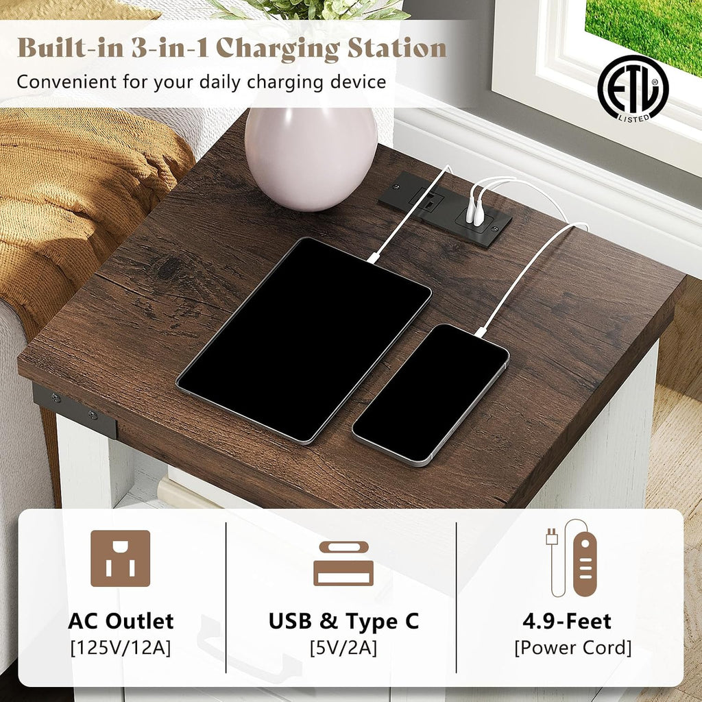 AMERLIFE Farmhouse End Table with Charging Station, 18' Wood Rustic Night Stand with 2 Storage Drawers, Heavy Duty Bedside Sofa Side End Tables for Bedroom, Living Room, Antique White